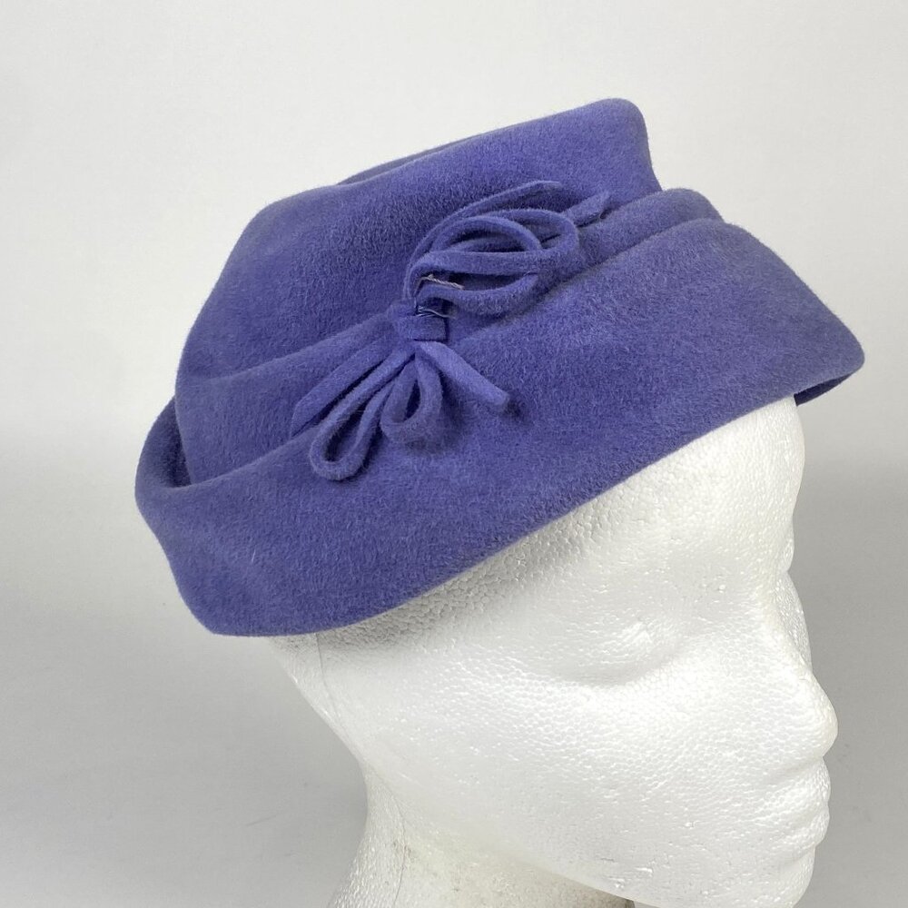 Vintage Adele Claire Purple Wool Ladies Hat Sculptural Bow Detail Church Derby
